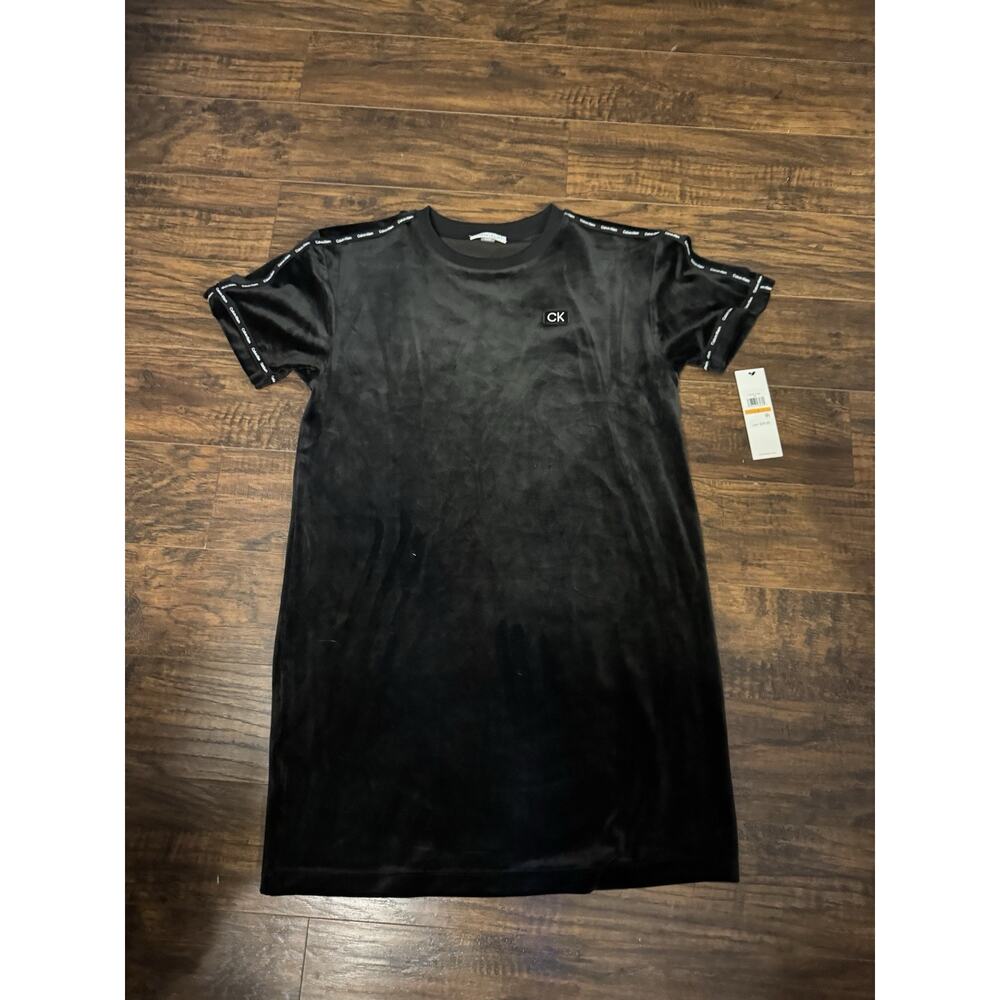 Calvin Klein Black Velour Velvet Black Embellished T-Shirt Dress NWT Size Small